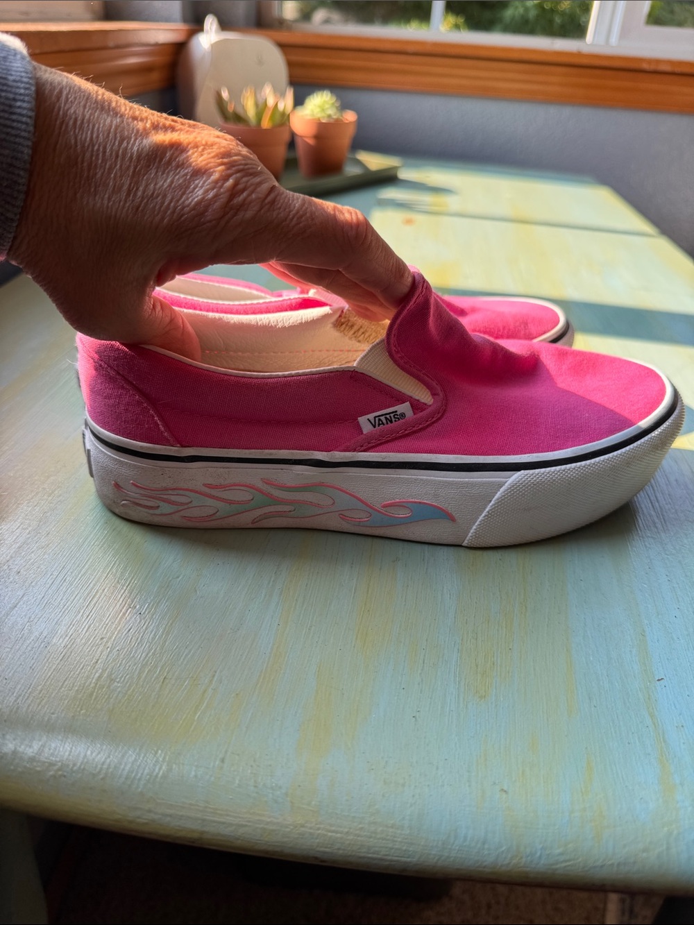 Vans Slip-On Canvas Shoes - Hot Pink with Flame Accent